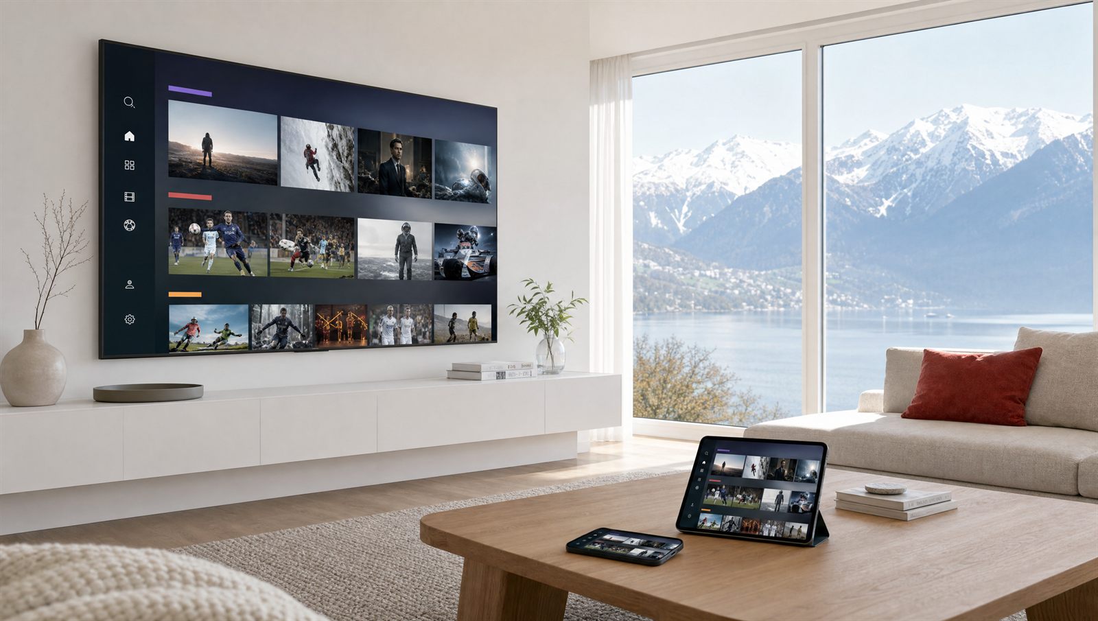 Service IPTV Suisse affiché sur une Smart TV dans un salon moderne avec vue sur les Alpes